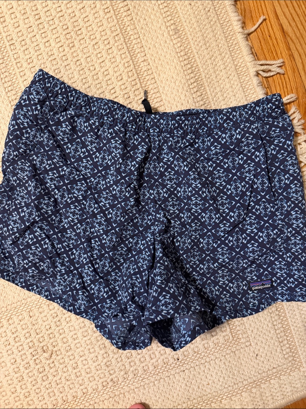 Patagonia Navy and Light Blue Geometric Print Drawstring Shorts